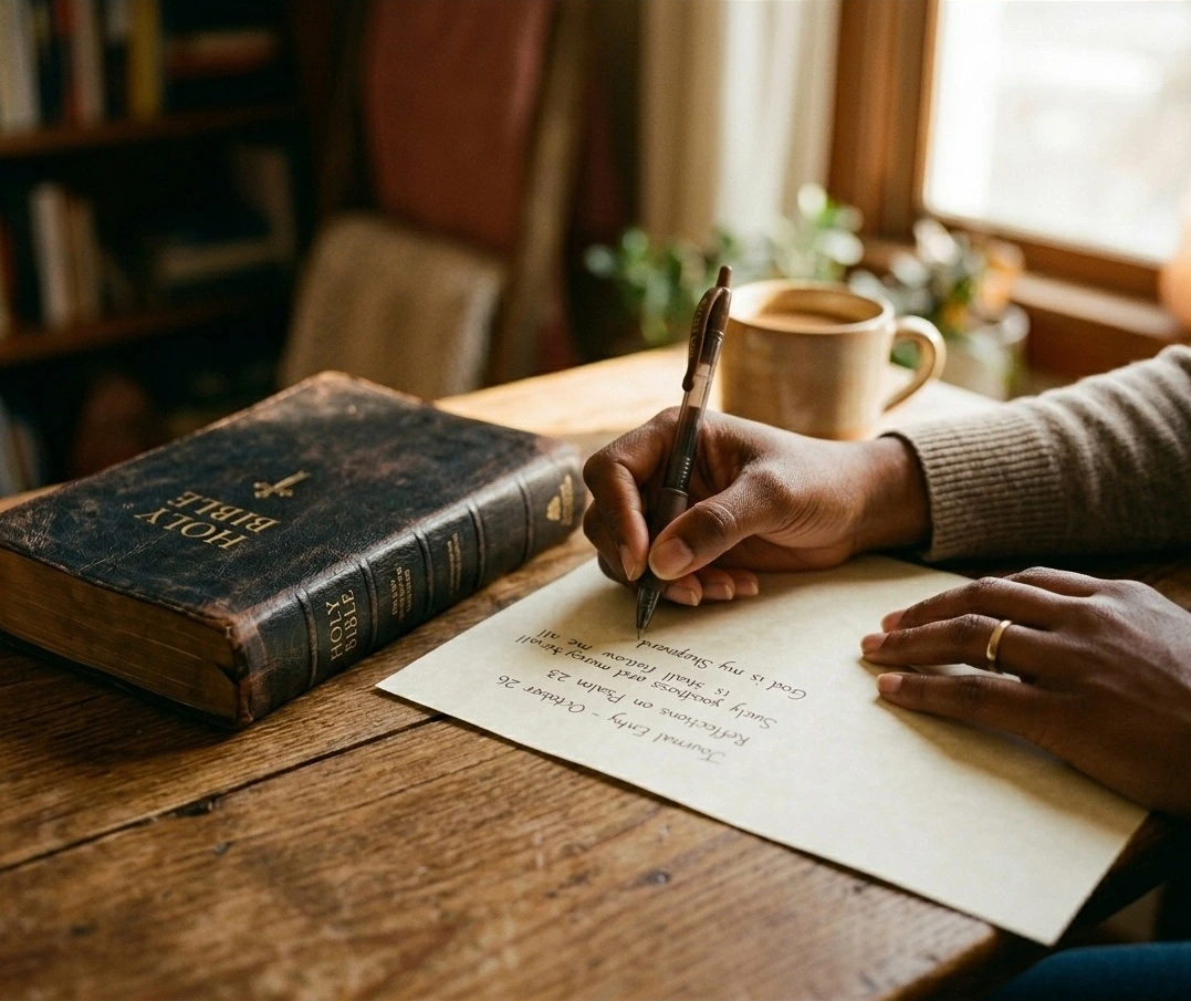 Hands writing a prayer